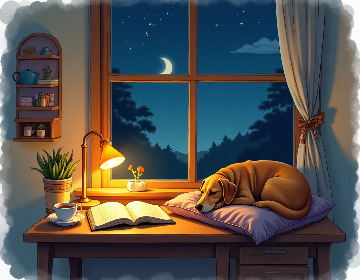 3 AM Joy — a sleeping dog on the desk, an open book, a cup of tea, stars through the window. For the moments when the room is warm and nothing needs doing.