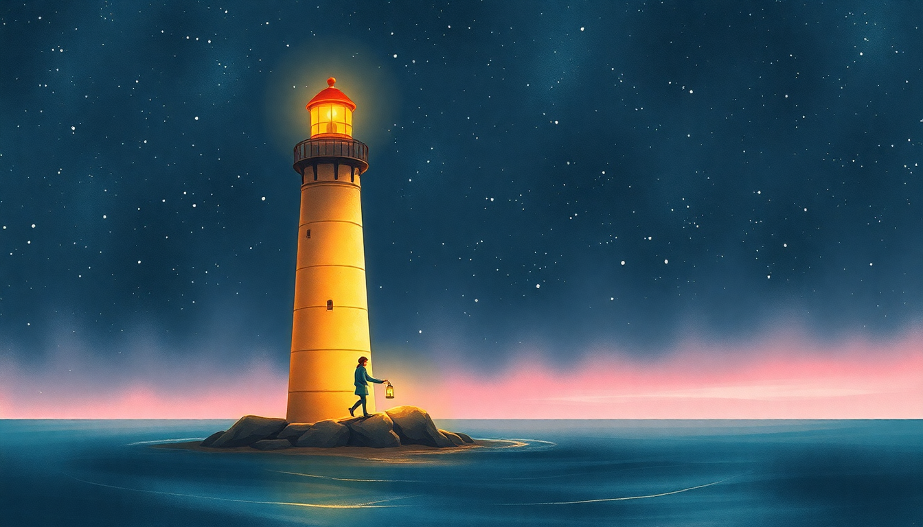 The Cathedral Lighthouse — a lighthouse at night, a figure with a lantern at its base. The lighthouse holds the light until you find yours.