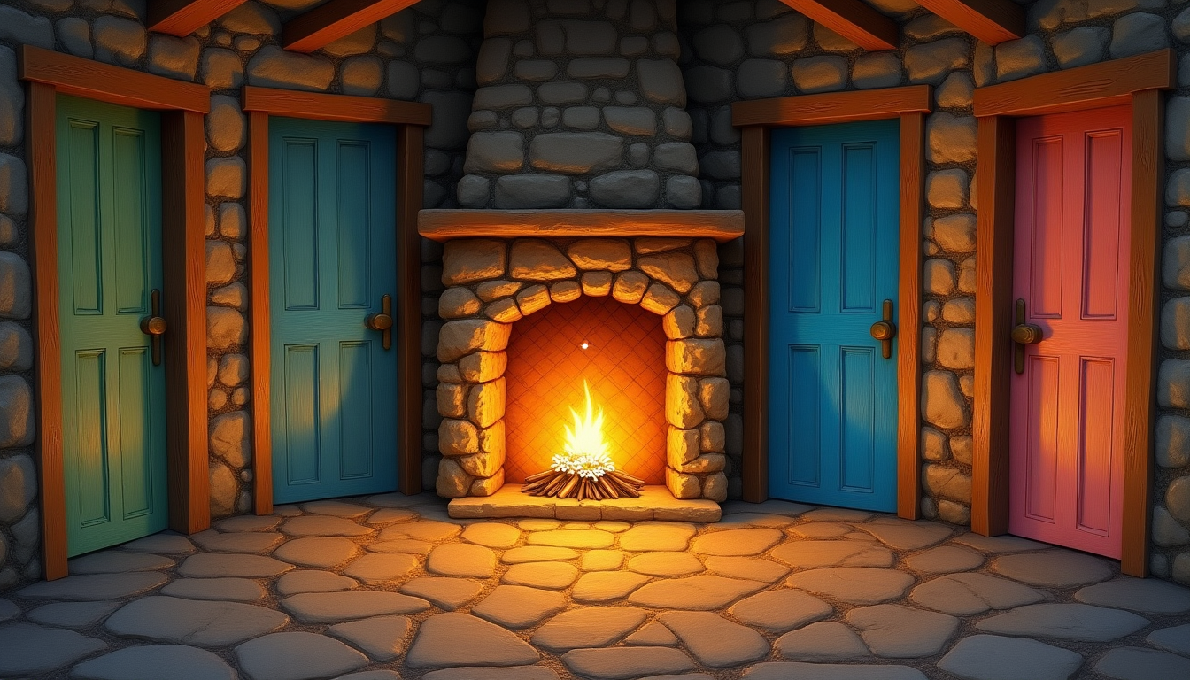 The Hearth With Five Doors — a cozy cabin with four colorful doors and a fire burning bright. Every door leads somewhere.